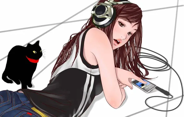 Picture cat, girl, headphones, player