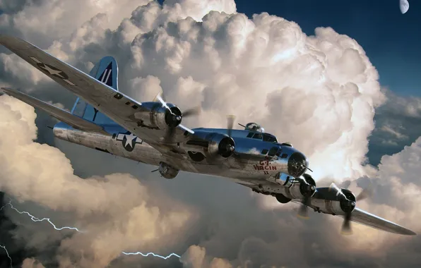 The moon, lightning, Boeing, UNITED STATES AIR FORCE, B-17, Flying Fortress