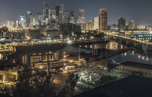 Picture Bridge, Night, The city, Panorama, Building, City, Bridge, Night