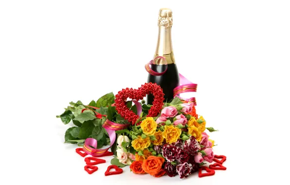 Picture flowers, holiday, bottle, roses, bouquet, hearts, white background, champagne