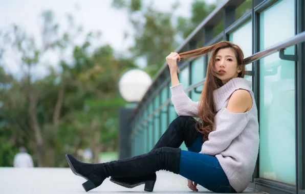 Picture look, girl, hair, jeans, boots, Asian