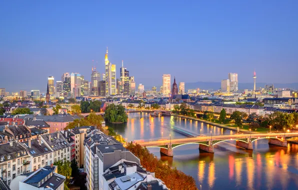Lights, river, home, the evening, Germany, lights, bridges, Frankfurt