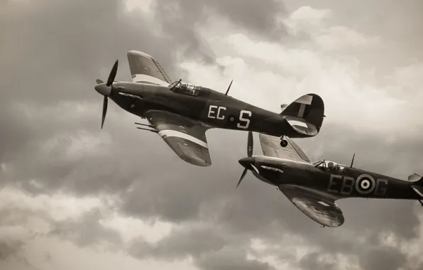 The sky, clouds, flight, the plane, Hawker Hurricane, Supermarine Spitfire