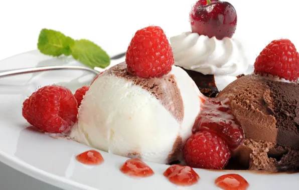Picture cherry, raspberry, ice cream, dessert, jam, sweet, chocolate, sundae