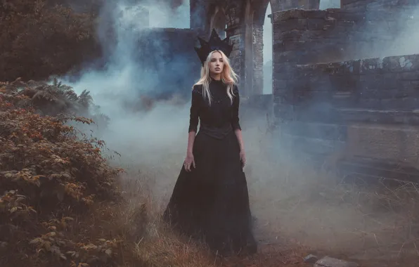 Girl, fog, castle, crown, garden, dress, black, arch
