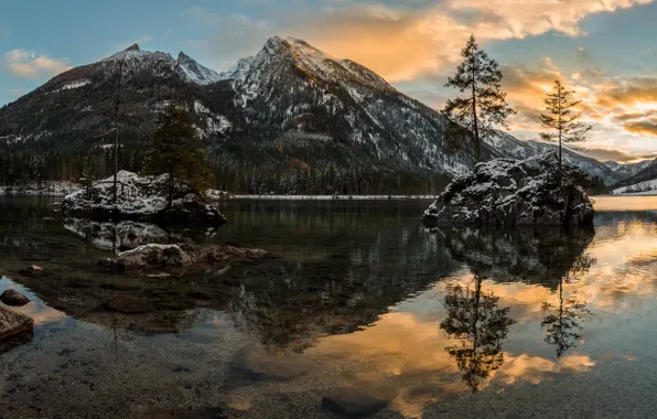 Picture winter, snow, trees, landscape, mountains, river, stones