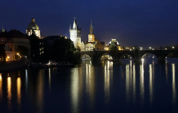 Night, bridge, lights, river, Prague, lights, Vltava