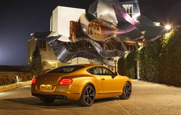 Picture Auto, Bentley, Continental, Night, Bentley, The building, Gold