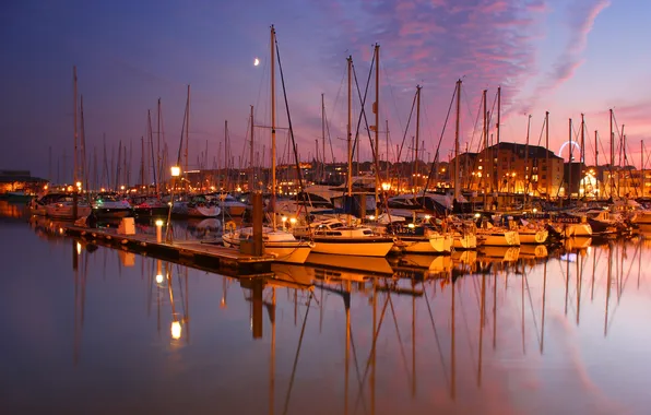 Picture sunset, the city, yachts, boats, Plymouth, England, yacht club, Cattedown