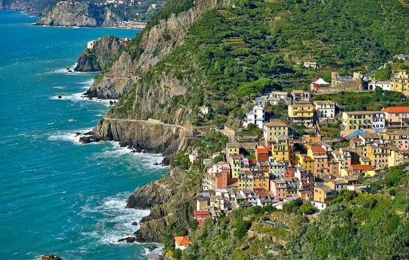 Sea, landscape, rocks, home, Italy, Riomaggiore, Cinque Terre, Liguria