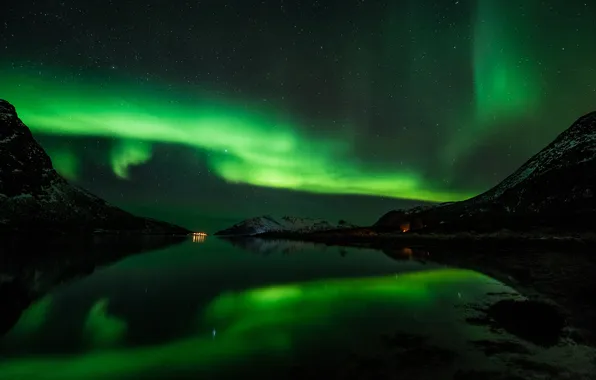 Picture the sky, stars, mountains, reflection, Northern lights