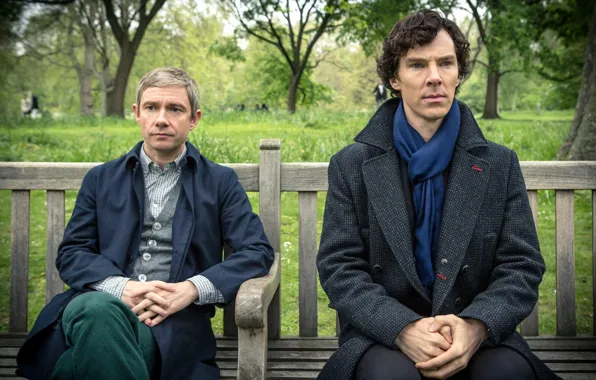 Bench, Park, the conversation, Sherlock Holmes, Martin Freeman, Benedict Cumberbatch, Sherlock, Sherlock BBC