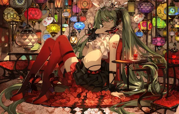 Roses, candle, stockings, vocaloid, sitting, Hatsune Miku, lanterns, table