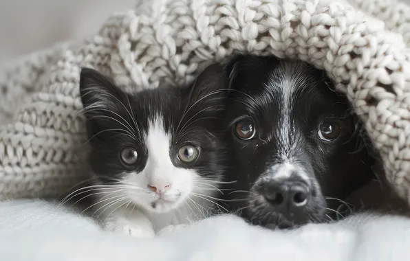 Cat, cat, look, comfort, together, dog, plaid, a couple