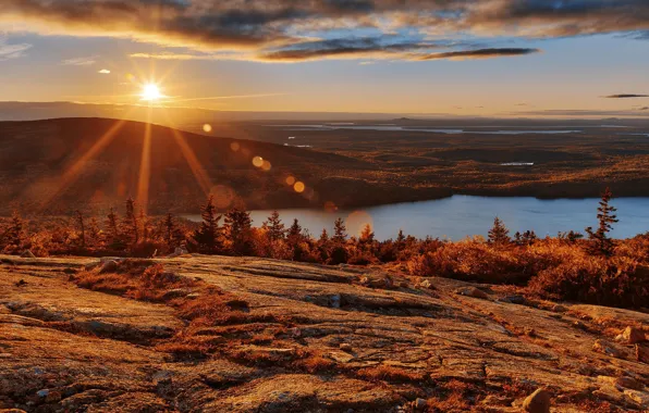 Picture rays, sunset, lake, rocks, Cadillac, Park Acadia