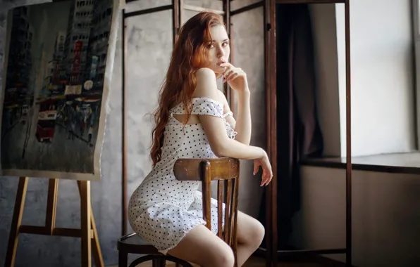 Look, girl, pose, dress, chair, red, redhead, shoulder
