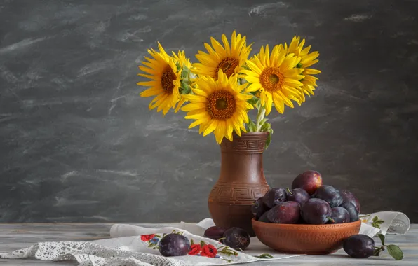 Sunflowers, yellow, vase, fruit, still life, plum, tablecloth