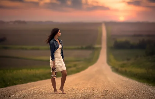 Picture road, dress, space, waiting, bokeh, barefoot girl