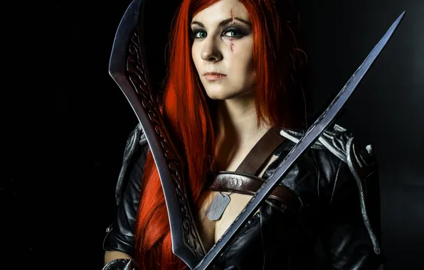 Picture green eyes, pirate, redhead, cosplay, look, swords