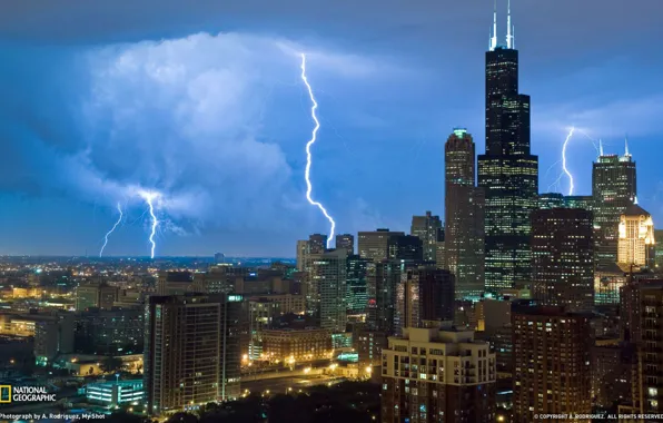 The city, photo, lightning, skyscrapers, Chicago, USA, National Geographic, Illinois