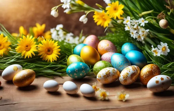 Picture flowers, eggs, spring, colorful, Easter, happy, flowers, spring