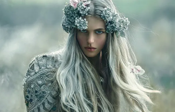 Look, wreath, white hair, embroidery, bokeh, beautiful woman