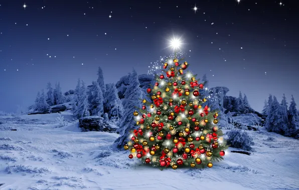 Winter, snow, decoration, snowflakes, balls, tree, New Year, Christmas