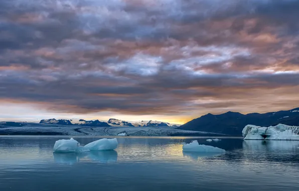 Winter, the sky, clouds, mountains, clouds, rocks, shore, ice