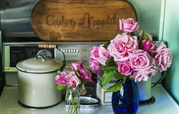 Flowers, table, roses, pan, vases