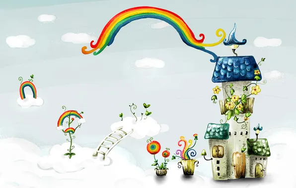 Picture clouds, flowers, fantasy, ladder, houses, rainbow