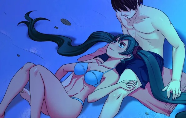 Beach, love, game, anime, art, blue hair, games, anime