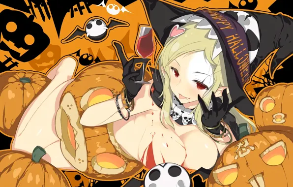 Gloves, blush, bracelet, red eyes, happy halloween, Shiki, witch hat, pumpkin evil