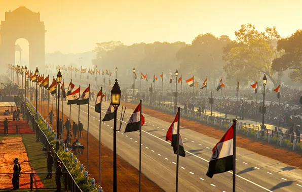Picture street, India, arch, parade, flags, Republic Day, New Delhi