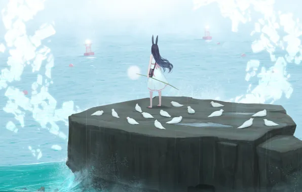 Sea, girl, birds, rock, dandelion