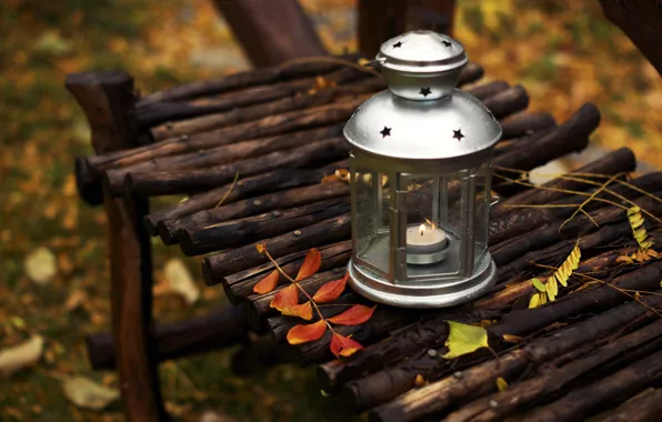 Autumn, leaves, bench, nature, candle, shop, flashlight, lantern