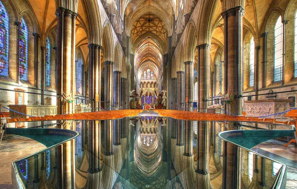 Picture reflection, Cathedral, columns, temple, stained glass, the Church
