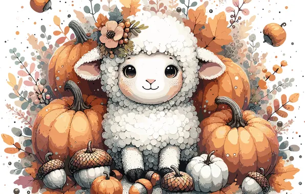 Autumn, harvest, pumpkin, white background, lamb, sheep, acorns, sheep