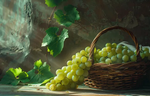 Leaves, rays, light, green, wall, window, grapes, still life