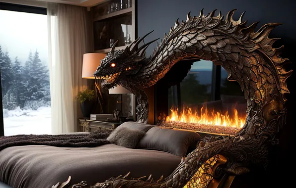 Fire, dragon, interior, bedroom