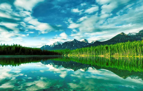 The sky, Water, Reflection, Mountains, Lake, Forest