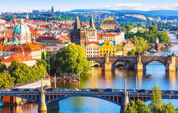 Picture the sun, trees, river, home, Prague, Czech Republic, bridges