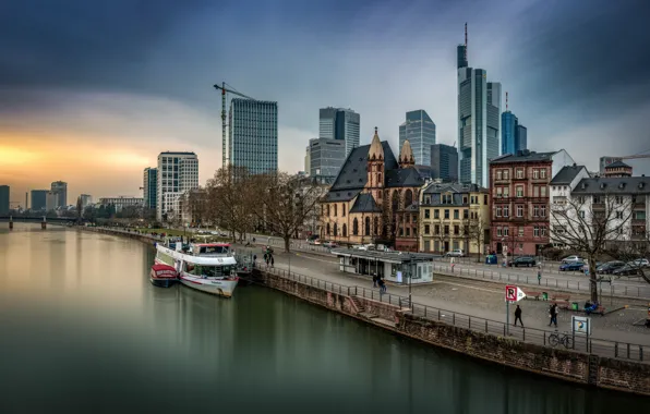 River, building, Germany, promenade, Frankfurt am main