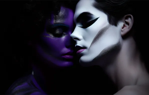 Girl, face, paint, portrait, makeup, pair, guy, black background