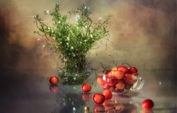 Picture flowers, berries, cherry, forget-me-nots