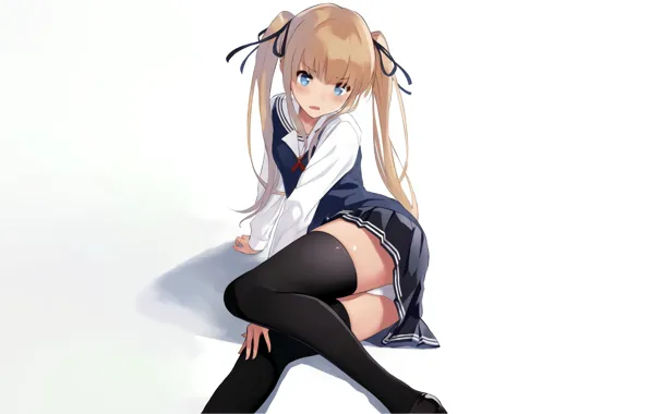 Girl, sexy, lingerie, school uniform, panties, thighhighs, long hair, boobs