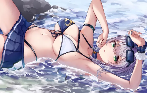 Girl, sexy, cleavage, beach, green eyes, sea, boobs, anime