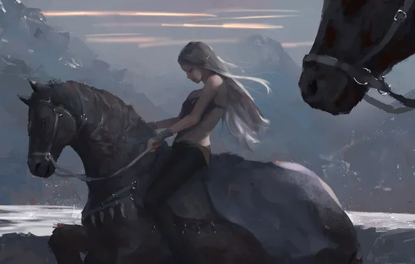 Girl, mountains, horse, art
