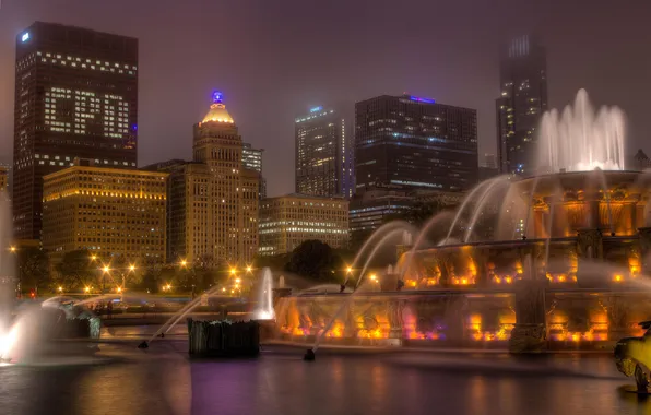 Night, the city, lights, skyscrapers, Chicago, fountain, USA, Chicago