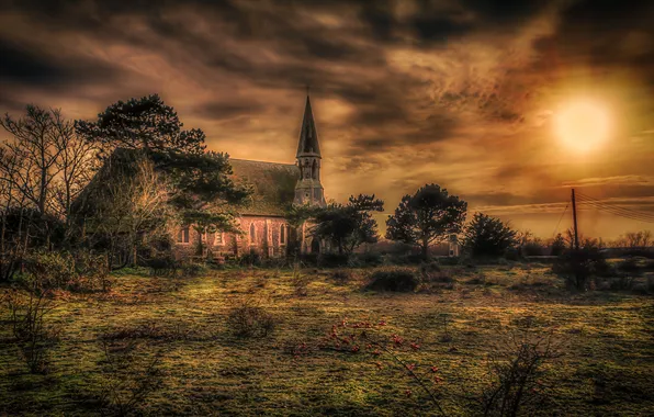 Picture autumn, the sky, clouds, sunset, hdr, Church