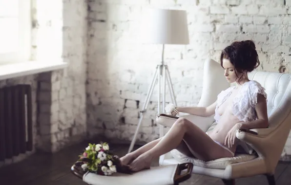 Chest, look, flowers, body, chair, beauty, linen, legs